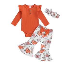 Kuriozud Newborn Baby Girl Bell Bottom Outfit Ribbed Ruffle Long Sleeve Romper Cute Bow Pumpkin Flare Pants Set Headband Infant Fall Clothes (Pumpkin Orange, 3-6 Months)