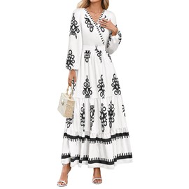 PRETTYGARDEN Women's 2025 Fall Wedding Guest Dresses Boho Floral Long Sleeve V Neck Flowy Elegant Maxi Dress Beach Clothes (Floral White Black,Small)
