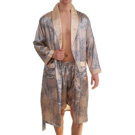 Haseil Men's Luxurious Kimono Robe with Shorts Silk Satin Bathrobes Lightweight Long Sleeve Sleepwear Set, Blue, TagsizeXL=USsizeS