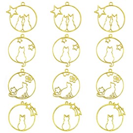 Samcos Gold Cat Set of 12 Resin Frame with Hollow Frame Parts Cats Handmade UV Craft UV Resin Handmade DIY Pendant Keychain Accessory Frame (C), Resin Metal