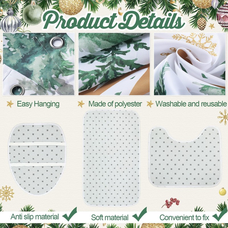 4 Pcs Christmas Shower Curtain Set Winter Xmas Tree Bathroom