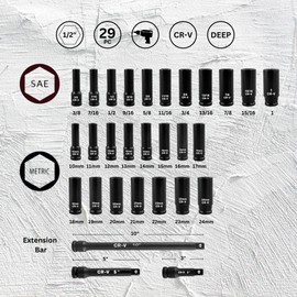 Noviitus 1/2" Drive Impact Socket Set,29-Pieces Metric (10-24mm) and SAE (3/8 to 1 inch) Sizes with 3", 5", 10" Extension bars,Deep, 6 Point,Cr-V Steel(1/2" Socket Set, Metric and SAE, 29pcs)