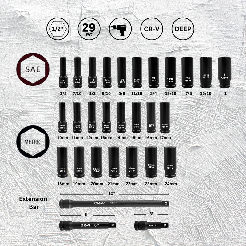 Noviitus 1/2" Drive Impact Socket Set,29-Pieces Metric (10-24mm) and SAE
