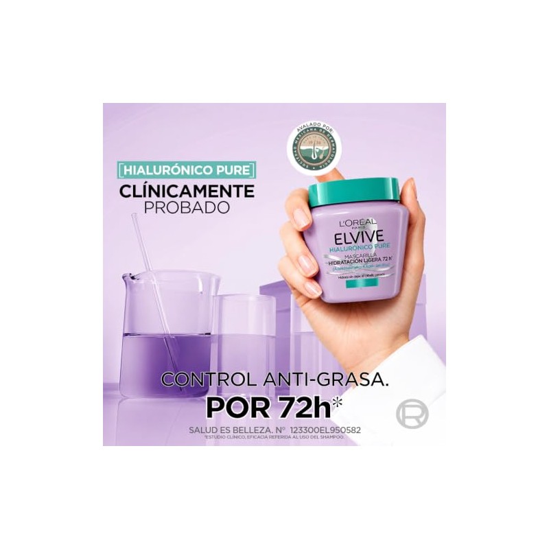 LOreal Paris, Elvive Mascarilla Hialurónico Pure Hidratacion Ligera 72H Con