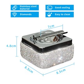 EING Stainless Steel Ashtray with Lid, Bling Crystal Diamonds, Square - Silver