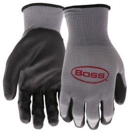 BOSS Men's Grip 10-Pack Polyurethane (PU) Coated Work Gloves, Water and Chemical Resistant, Abrasion Resistant, Superior Grip, Spandex Backing, Black/Gray, Large, (B33131-L10P)