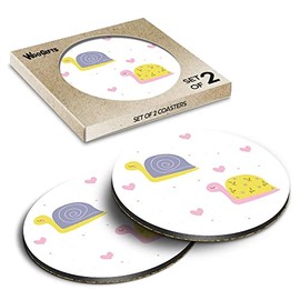 2 x Round Coasters - Snails Love Hearts Kids Girls Valentines Day Cork Backed MDF Glossy Tea Coffee Accessory #170874