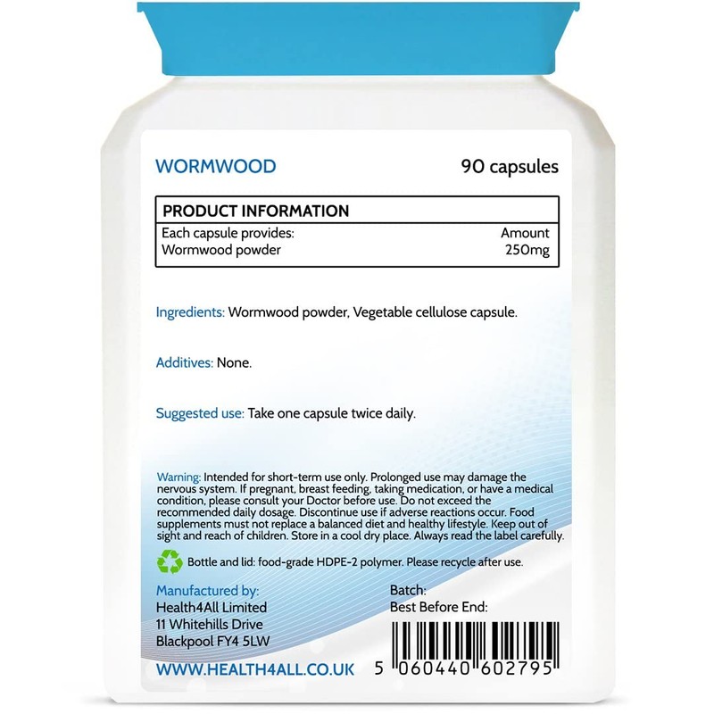 Health4All Wormwood 250mg 90 Capsules (V) Purest: no additives. Vegan