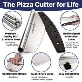 18" Pizza Cutter Rocker Blade by KitchenStar - Sharp Stainless Steel Slicer Knife w Protective Cover, Dishwasher Safe Pizza Oven Accessories, Silver
