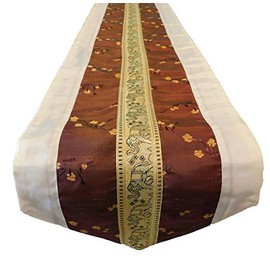 stickersquare Cream Elephant Flower Table Runner for Party Banquet Christmas Festival Birthday Wedding Party Living Room Kitchen Thai Silk Tablecloth (250)