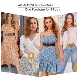 WHIPPY Set of 4 Straw Woven Elastic Stretch Waist Belts for Women, Fashion Boho Ladies Braided Skinny Dress Belt