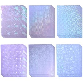 36 Sheets Transparent Holographic Sticker Paper - A4 Waterproof Holographic Laminate Sheets, Self Adhesive Holographic Vinyl Sticker Paper (Line, Round, Windmill, Fireworks, Snow, Stars)