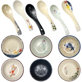 Tioncy Set of 12 Japanese Retro Style Tableware Soy Sauce Dish Set 6 Pcs Asian Soup Spoons 6 Pcs Ramen Appetizer Plates 3.8 Inch Japanese Rice Spoon for Sushi Sauce Snack