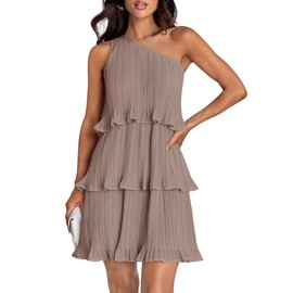ZESICA Women's 2024 Summer Sleeveless Mini Dress Boho One Shoulder Ruffle Tiered Layered Chiffon Flowy A Line Dresses,LightKhaki,Large