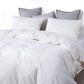 Wake In Cloud - White Duvet Cover Set, 100% Washed Cotton Yarn Dyed Plain Solid Color, Comfy Bedding with Zipper Closure Corner Ties (3pcs, Twin Size)
