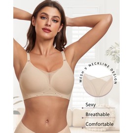 HORISUN Soft Wireless Women's Bras Mesh V Neck No Underwire Supportive Everyday Bras Smooth Sleep Bralette (Nude,S)