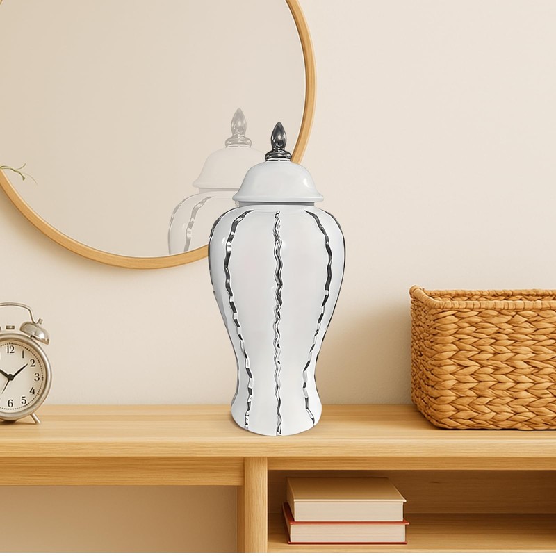 Elegant Silver Banded Porcelain Ginger Jar with Lid - Handcrafted