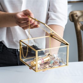Golden Square Vintage Brass & Clear Glass Decorative Box Home Decor, Small Jewelry Case Box Organizer with Latching Lid, 5x5x3in