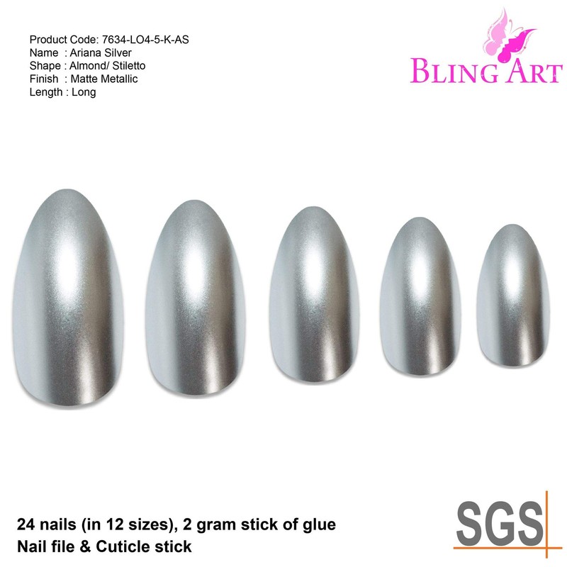 False Nails by Bling Art Silver Matte Metallic Almond Stiletto