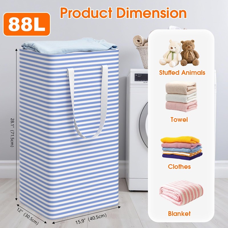 3-Pack Laundry Basket, Collapsible Laundry Hampers, 88L, Blue