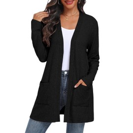 QIXING Sweater Cardigans for Women Open Front Lightweight Cardigan Long Sleeve Cardigans with Pockets Black