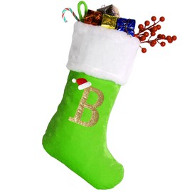 20 Inches Monogram Christmas Stockings with Letters, Large Super Soft Christmas Stockings Green Velvet with White Super Soft Plush Cuff for Christmas Xmas Tree Holiday Fireplace Green