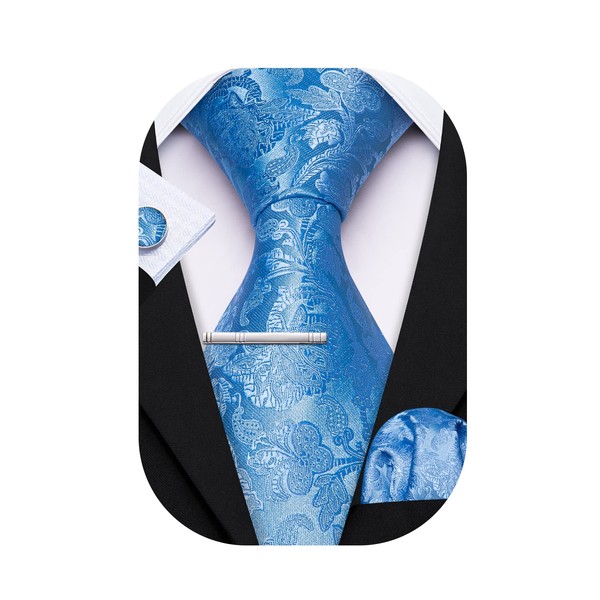 Barry.Wang Gemelos de diseño para hombre, corbata, pañuelo, para fiesta, negocios, Cachemira Azul Puro, Talla única