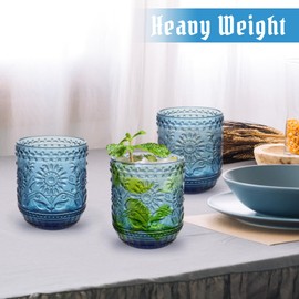 Topsky Vintage Colored Glassware Set of 6,12 oz Green Sunflower Drinking Glasses Set,Blue Drinkware Glasses for Wine,Cocktail,juice,Heavy Duty Glass Cups