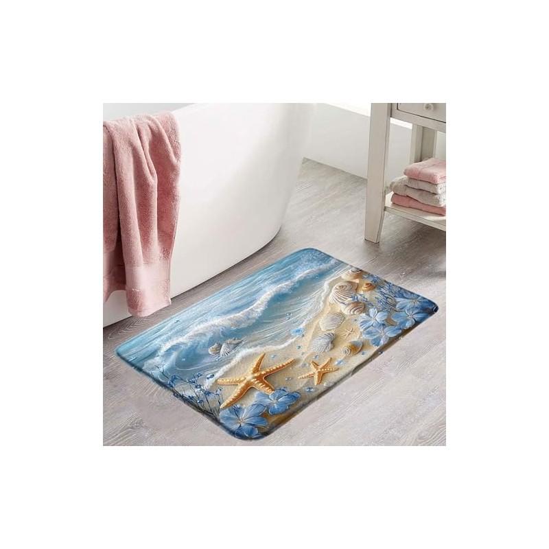 VPUPCN Nautical Coastal Bath Mat Beach Starfish Seashell Blue Flower