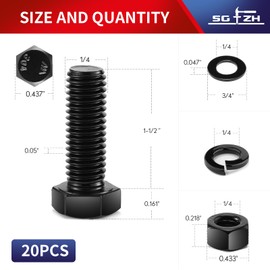 1/4-20 x 1-1/2" Hex Head Screw Bolt, Nuts, Flat & Lock Washers, 20Pcs 18-8 (304) Stainless Steel, Fully Threaded, Black Oxide by SG TZH
