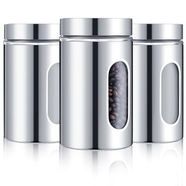 Mimorou 3 Pcs Stainless Steel Canister Set with Glass Windows Visible Storage Jars Silver Kitchen Canister Set for Pasta Flour Oat Sugar Container, Kitchen Tools, Housewarming Gifts(32 oz)
