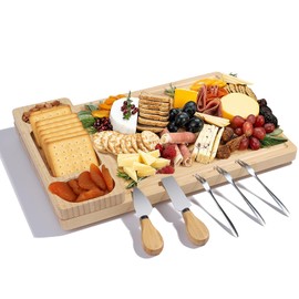 Premium Bamboo Charcuterie/Cheese Board Set – Wooden Serving Tray with Hidden Knife Storage – Cheese Knives & Forks - Perfect Bridal Shower, Housewarming, Anniversary, Mother's Day Gifts