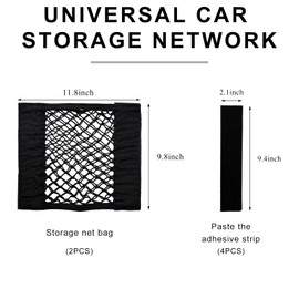 JUSTTOP 2 PCS Cargo Net, 9.8×11.8 Inch Elastic Stretchable Cargo Organizer Mesh Net with Tape Sticker, Universal Wall Sticker Storage Pouch Bag for Car SUV RV, Car Accessories