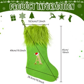 18 Inches Monogram Christmas Stockings Green Knitted Cloth with Faux Fur Hanging Stocking Green Elf Xmas Stocking Decor Treat Bag Candy Pouch Holder Favor for Fireplace Gift Present Xmas Tree Decor