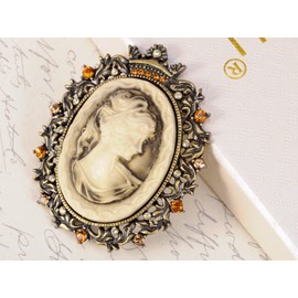 Alilang Vintage Inspired Brass Tone Topaz Crystal Rhinestone Cameo Lady Maiden Fashion Pin Brooch