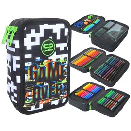 CoolPack XXL Pencil Case 3-Compartment School Pencil Case Triple Pencil Case for Boys Girls Game Over Pencil Case 44-Piece Filled Student Case 3-Tier White Pencil Case