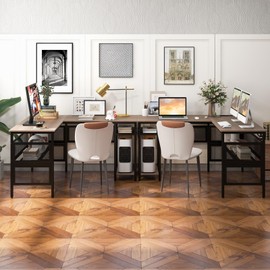 COSTWAY L Shaped Desk with Charging Station, 55” Reversible Corner Computer Desk with Mesh Storage Shelves, CPU Stand, 2 Person Gaming Desk Computer Workstation for Home Office