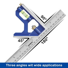 Combination Square Blue Aluminium 300mm (12in), Engineers Set Square, Stainless Steel Angle Ruler, Accurate Carpentry Square made of Metal with Stop Ruler and Scribing Tool, with Bubble Level