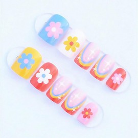 ONPRESS 24Pcs Summer Colorful Flower Press on Nails Short Square Fake Nails with Rainbow Floral Design Dopamine Red Pink Blue Yellow Glue on Nails French Tip Acrylic Nails for Women Manicure