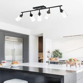 Wanluce 5-Light Black Track Lighting Kit Ceiling Mount Kitchen Track Lighting Fixtures, Bathroom Ceiling Tracking Vanity Light with Bubble Seeded Glass Shade & Rotatable Tracking Heads for Accent Shop