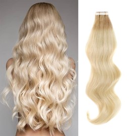 Sassina 8A Remi Tape in Human Hair Extension Glue in Skin Wefts Rooted Color Dirty Brown Fading to Platinum Ash Blonde,Reusable,Invisible,Seamless 50 Grams With 20 Pieces (R12-60 16 Inch)