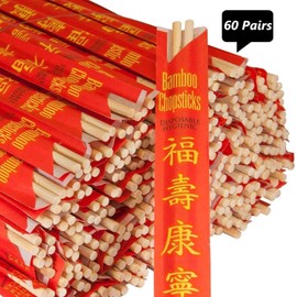 ROYALNA 60 Pairs Palillos UV Treated Premium Disposable Bamboo Chopsticks Sleeved and Separated (Bamboo, 60 pairs)