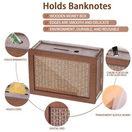 elook Money Saving Box, 5000 Pound Wooden Money Box for Kids Adults with Counter for Coin Banknote, Piggy Banks for Children, Reusable Acrylic Sheet Money Jar - 20cm x 14.5cm