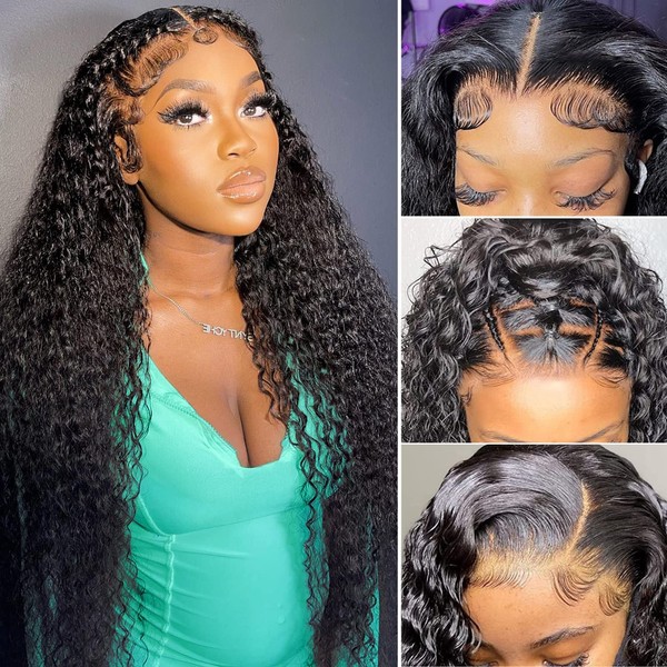 Wingirl 13x4 HD Deep Wave Lace Front Wigs Human Hair Pre Plucked with Baby Hair Transparent 180 Density Glueless Lace Frontal Human Hair Wigs for Black Women Natural Black Color