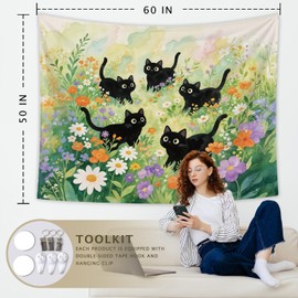 LIANGW Cute Cat Tapestry for Bedroom, Flower Cats Tapestry Anime Tapestry Wall Hanging with, Gifts for Cat Lovers, Cats Wall Art for Bedroom Dorm Office Decor 50x60 Inch