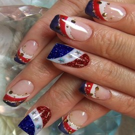 Independence Day Press on Nails Short Square Shape Glossy July 4th Acrylic Fake Nails with Star Line Designs Artificial Patriotic Square Holiday False Nails Glue Stick on Fingernails for Women Girls