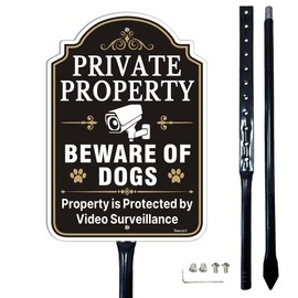 Smeryl Private Property Beware Of Dogs Sign, Property is Protected by video Surveillance with 35.4" Stake for Yard, 12” x 8” Dogs Video Stake Sign, Rust-Free Aluminum, Weatherproof, Easy to Install, 1 Pack