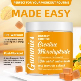 Creatine Monohydrate Gummies, Added 500mg BCAAs and Turmeric Exctract, 4500mg per Serving, Pre-Workout Gym Supplement for Men and Women (1 Month Supply), Mango Twist