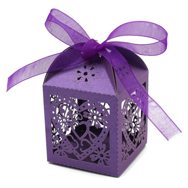 KEIVA 100 Pack Love Heart Laser Cut Wedding Party Favor Box Candy Bag Chocolate Gift Boxes Bridal Birthday Shower Bomboniere with Ribbons (Purple, 100)