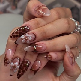 MouyouGlow Press on Nails Short, Almond Brown Cracked Marble French 3D Hibiscus Flowers Floral Autumn Golden Beans Fake Nails with Nail Glue, Brown Flowers Acrylic Autumn Artificial Fingernails